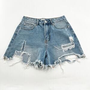 Superdown Blue Denim Distressed Frayed Hem Shorts 26‎